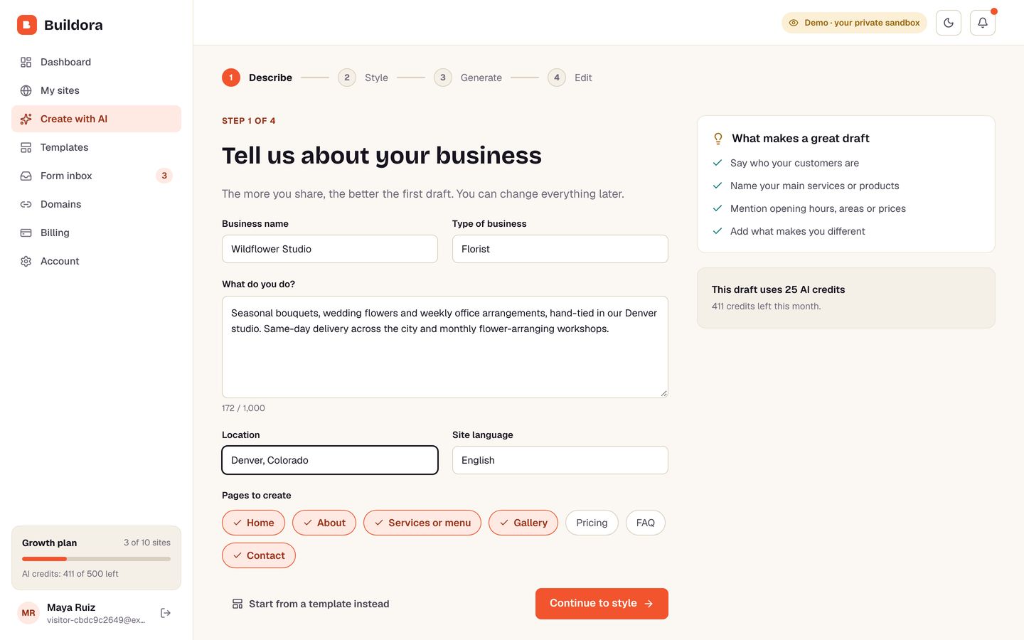 AI wizard: describe the business