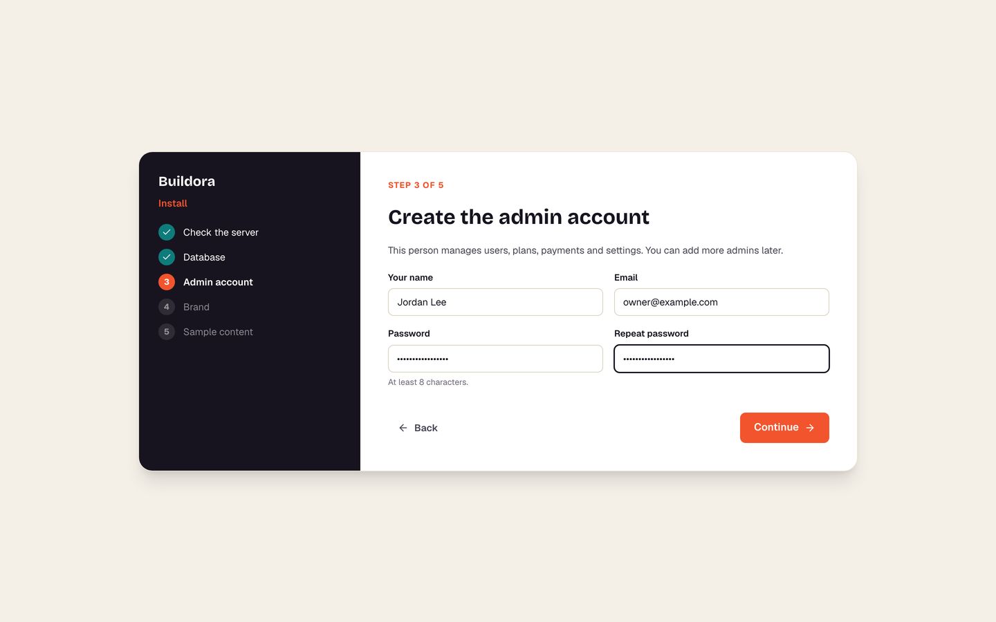 Install wizard: admin account