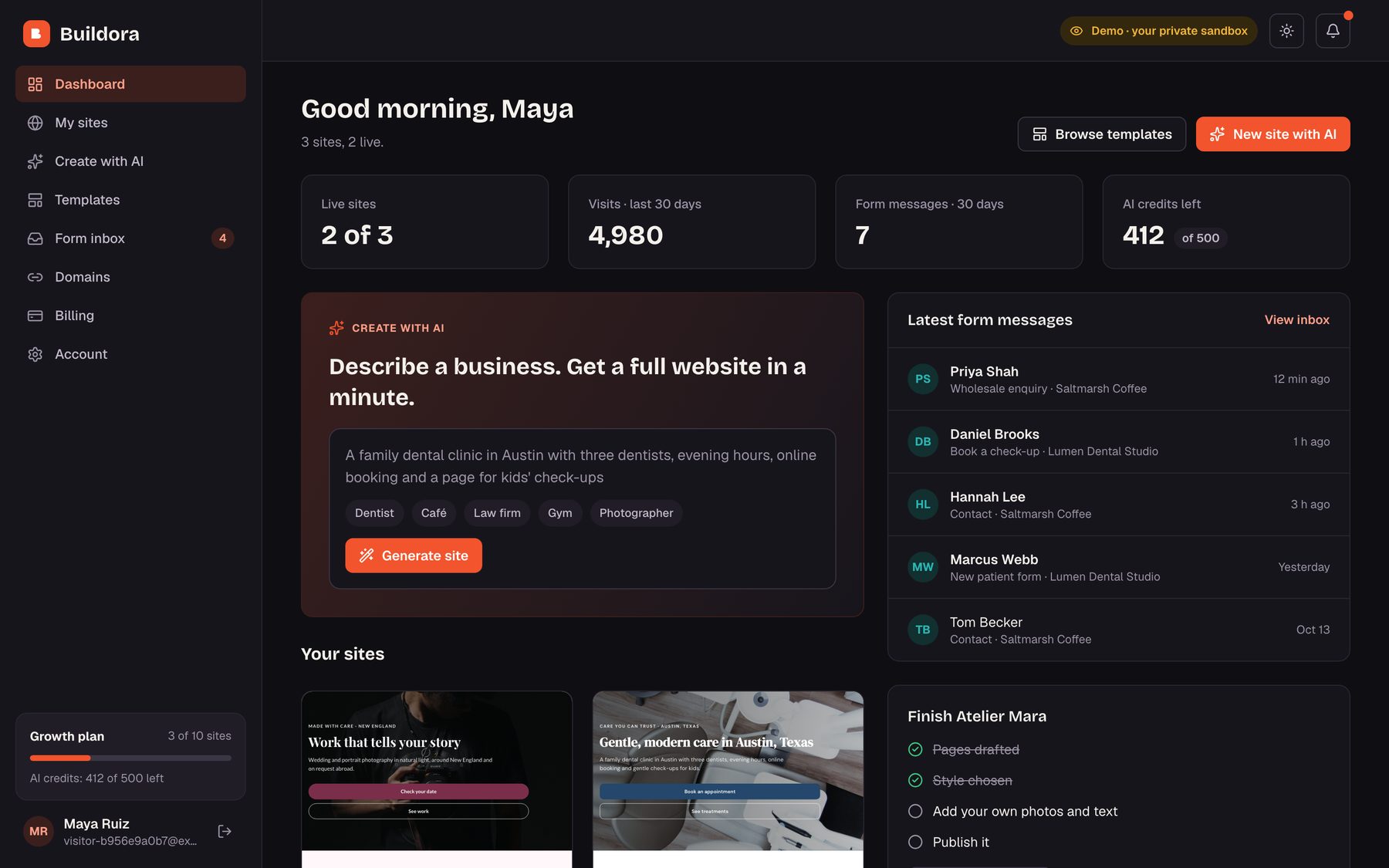 Buildora in dark mode