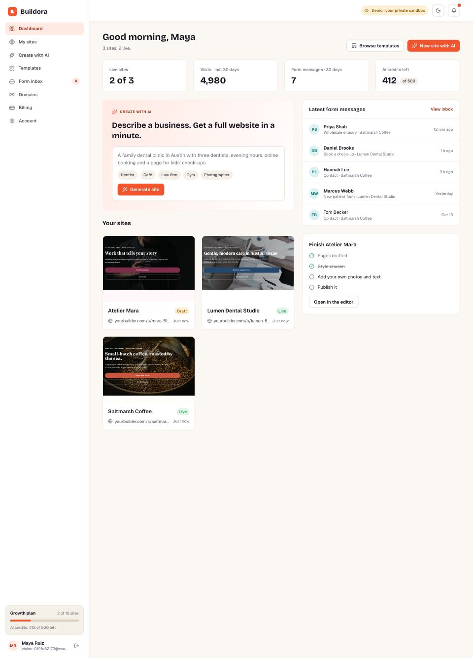 Customer dashboard page