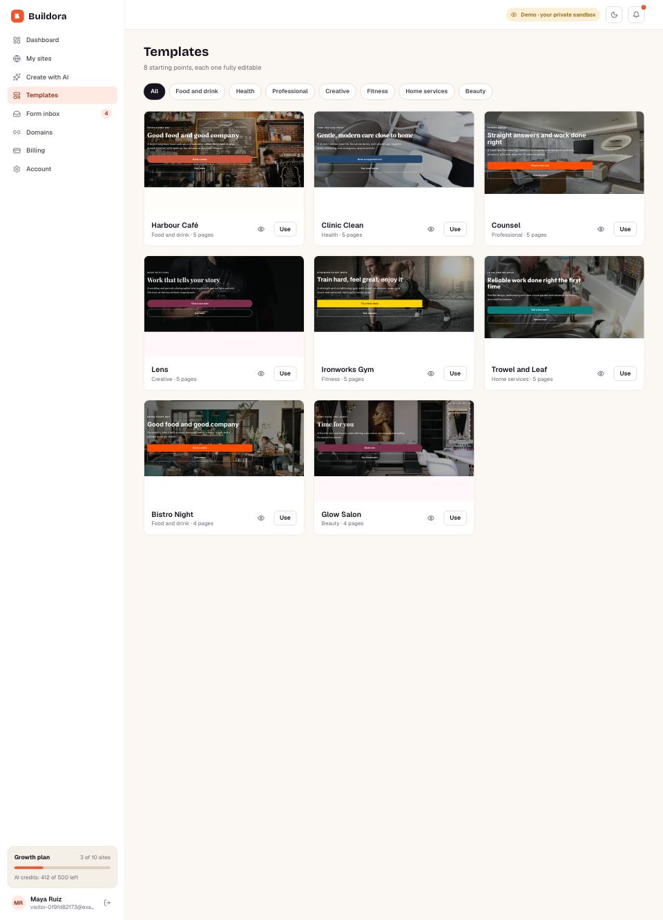Templates page