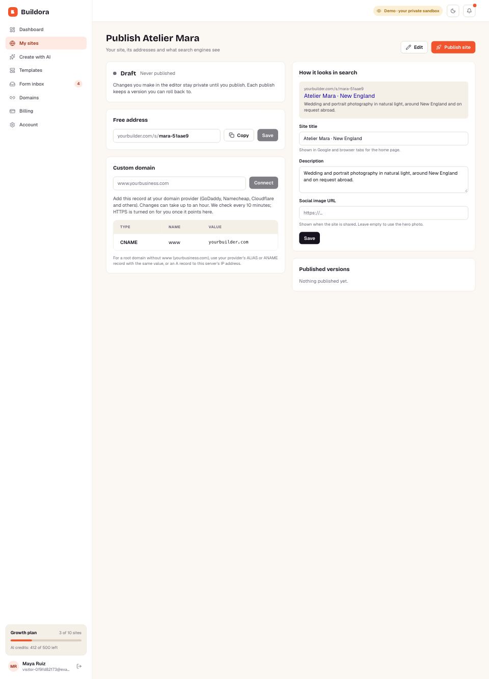 Publish and domains page