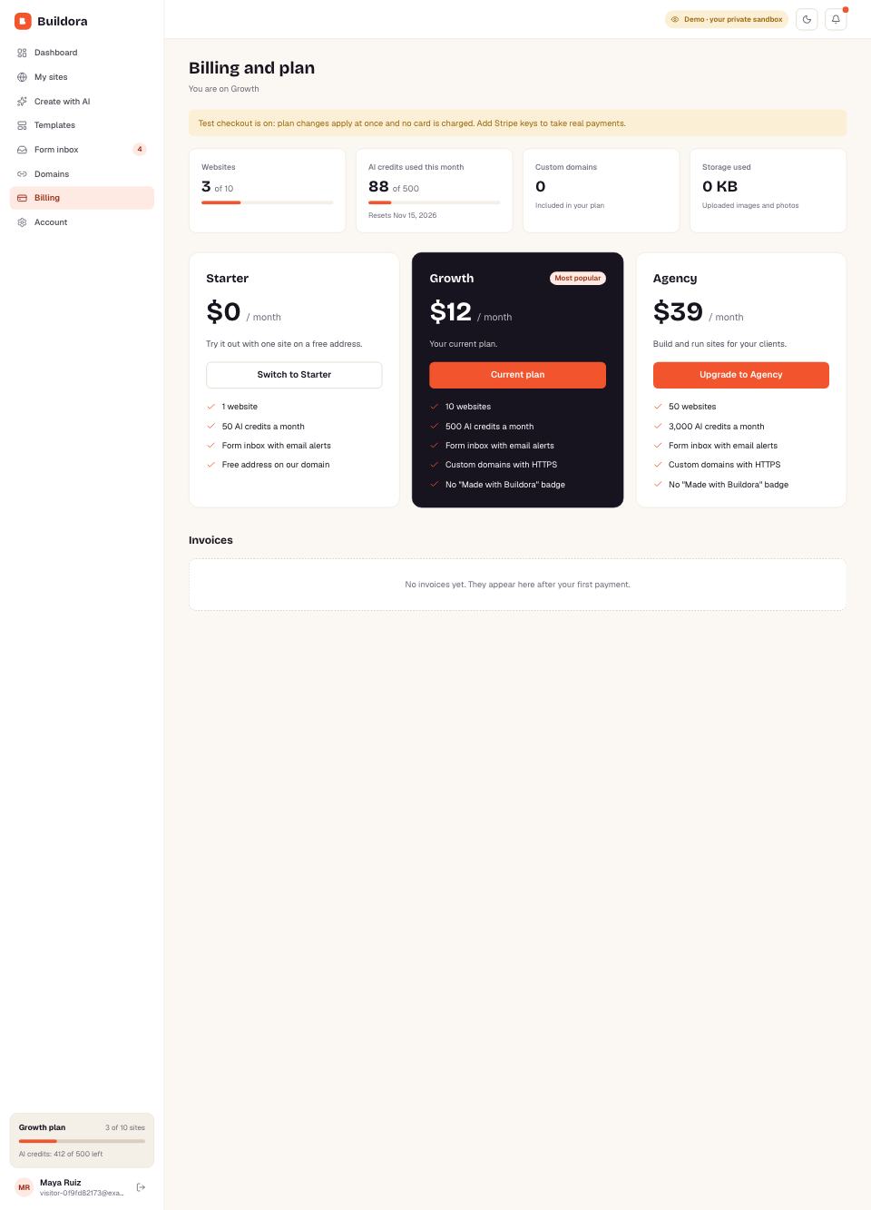 Billing and plans page